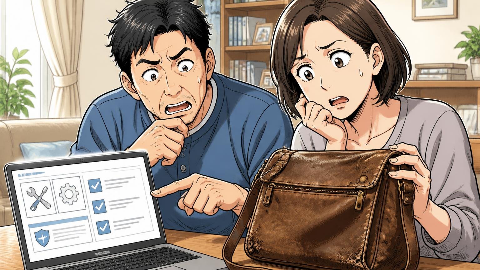 修理と保証:条件が公開されているか 自宅のリビングでノートPCの修理案内ページを見ながら古い革バッグを確かめる夫婦の2人