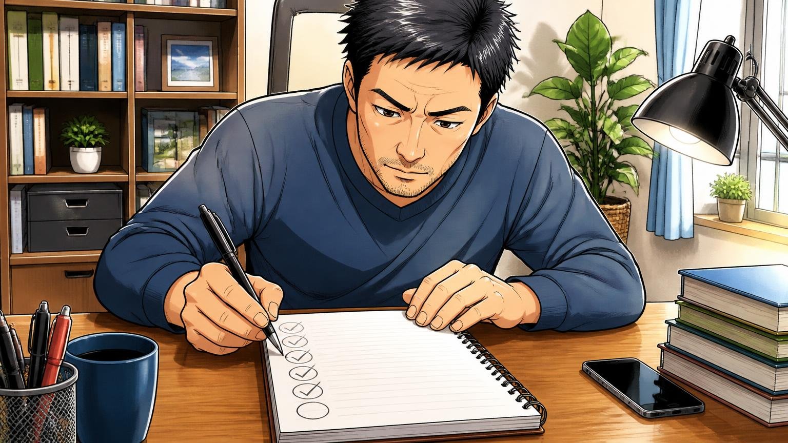 どこで買っても共通：損をしない5つの手順 自宅の机でノートに5つのチェック項目を書き出し一つずつ丸をつけていく40代男性1人 集中した表情