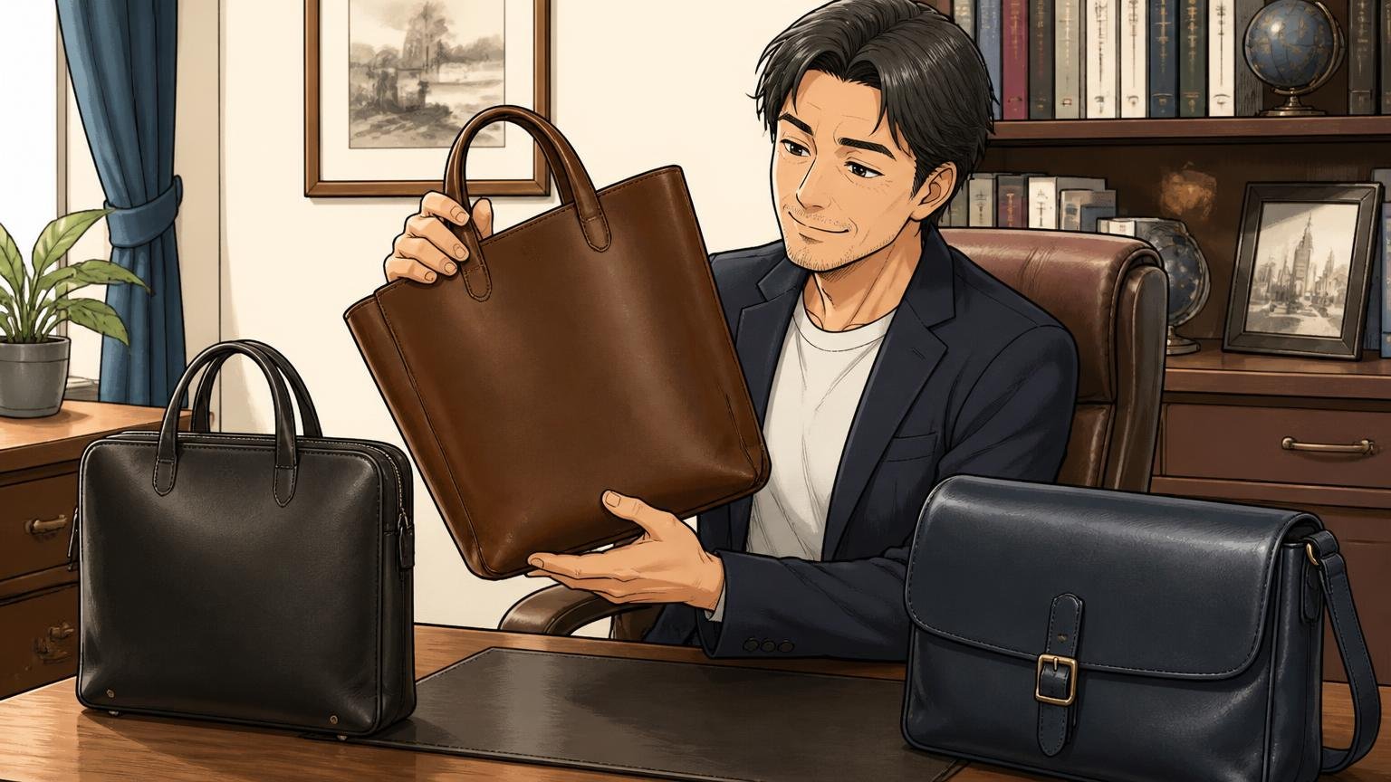 ロゴで語らない40代が次の候補に入れている、日本製の革バッグブランド3選 落ち着いた書斎の机で無地の革バッグを手に取り満足げな40代男性1人