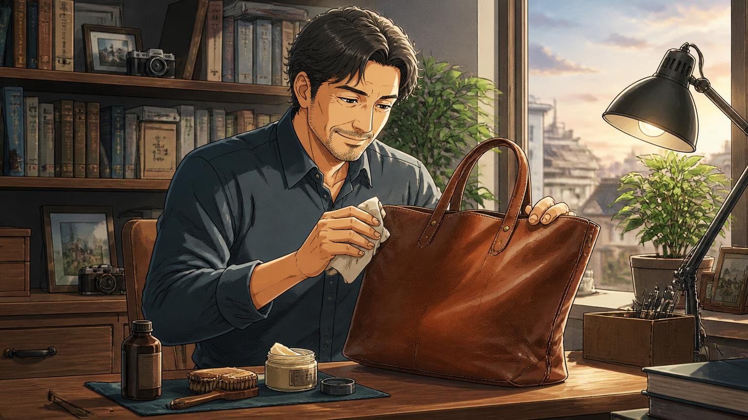 10年後も選んでよかったと思える1本に出会うために　夕方の書斎で長年使った革のトートを手入れしながら微笑む40代男性の場面