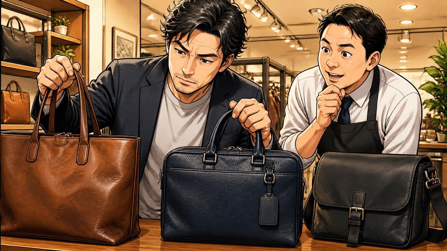 評判を調べ尽くした40代が最終候補に残したい、日本製の革バッグブランド3選/ショールームで3つの革バッグを並べて手に取り、真剣に見比べる40代男性1人と店員1人