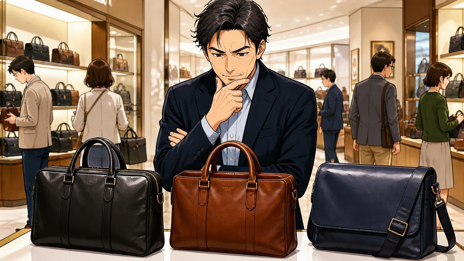 評判を調べ尽くした40代が最終候補に残したい、日本製メンズ革バッグブランド3選百貨店の鞄売り場で3つの革バッグを並べて見比べる40代男性1人