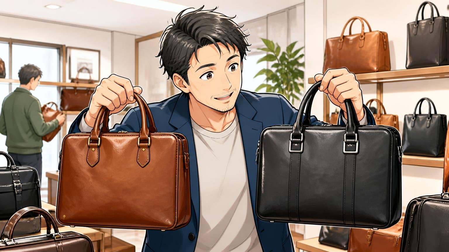 自分の用途と予算に合う日本製の1本を比べてから選びたい人へ ショールームで複数の革バッグを手に取り見比べて笑顔になる40代男性1人
