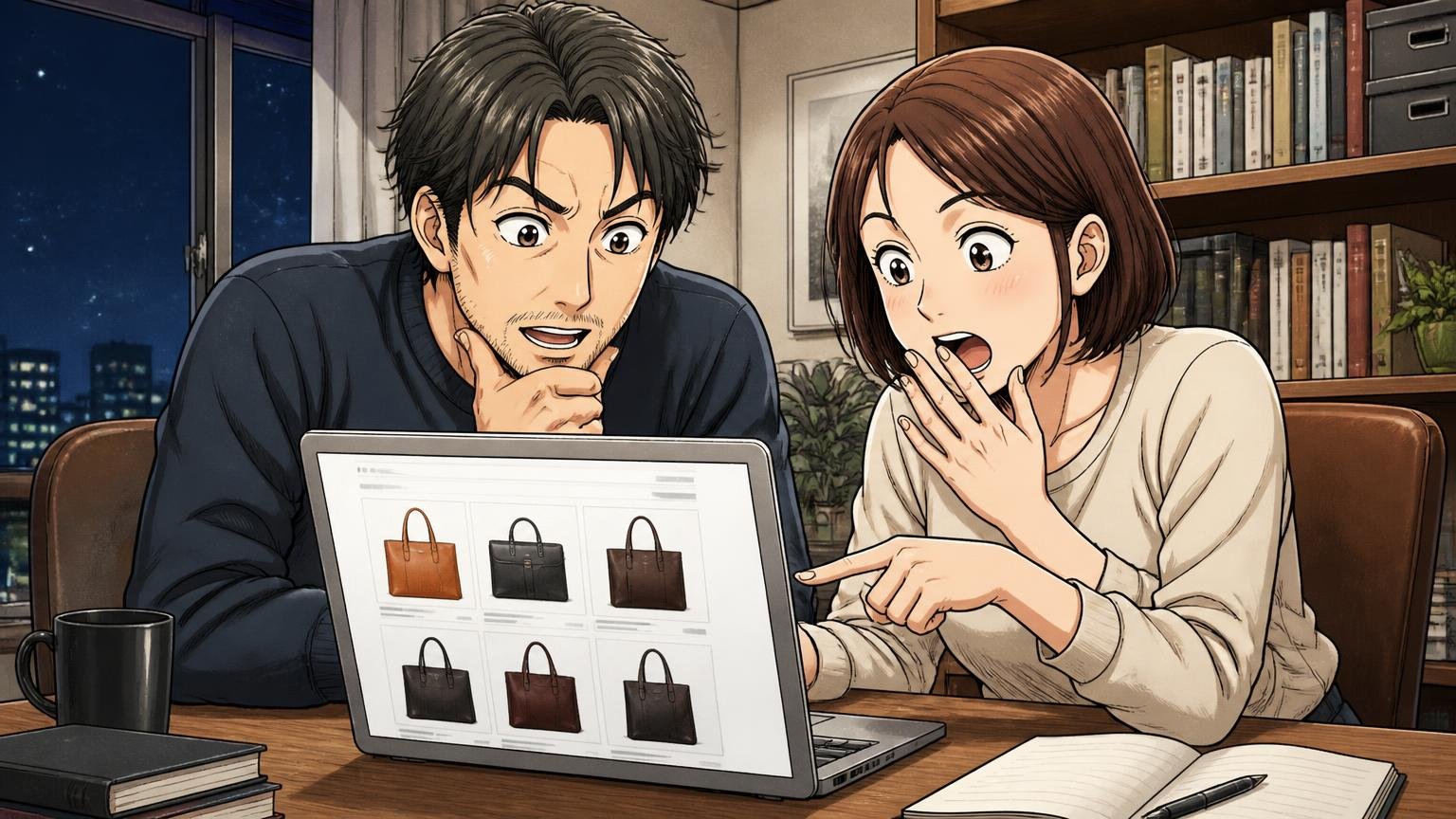 評判を調べ尽くした40代が、最後に見比べておきたい日本製の革バッグブランド 夜の書斎でノートパソコンに映る革バッグの公式サイトを妻と見比べる40代男性と妻の2人