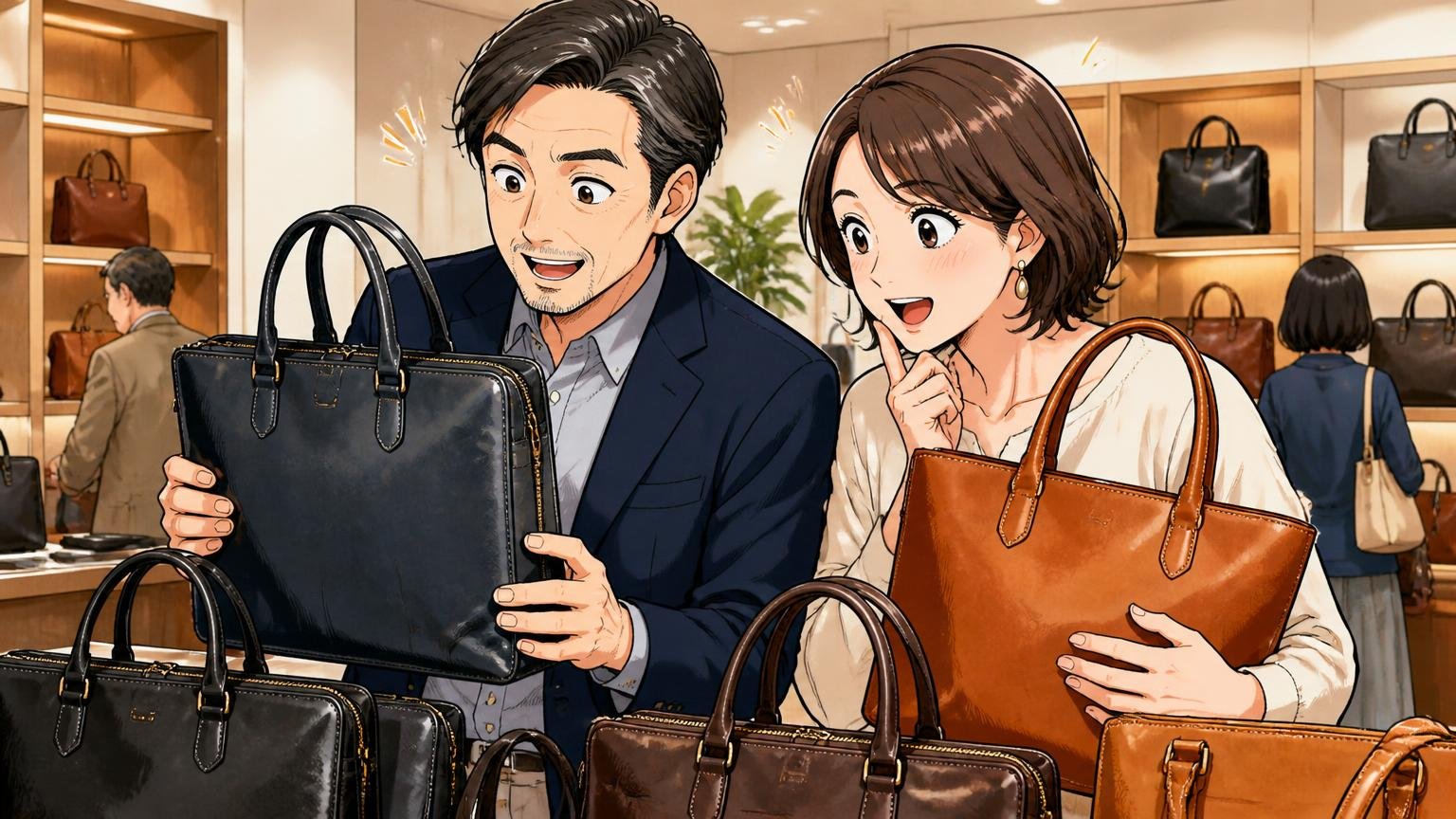 評判を調べ尽くした40代が最終候補に残したい、日本製メンズ革バッグブランド3選　ショールームで40代夫婦が革バッグを手に取りうなずく場面