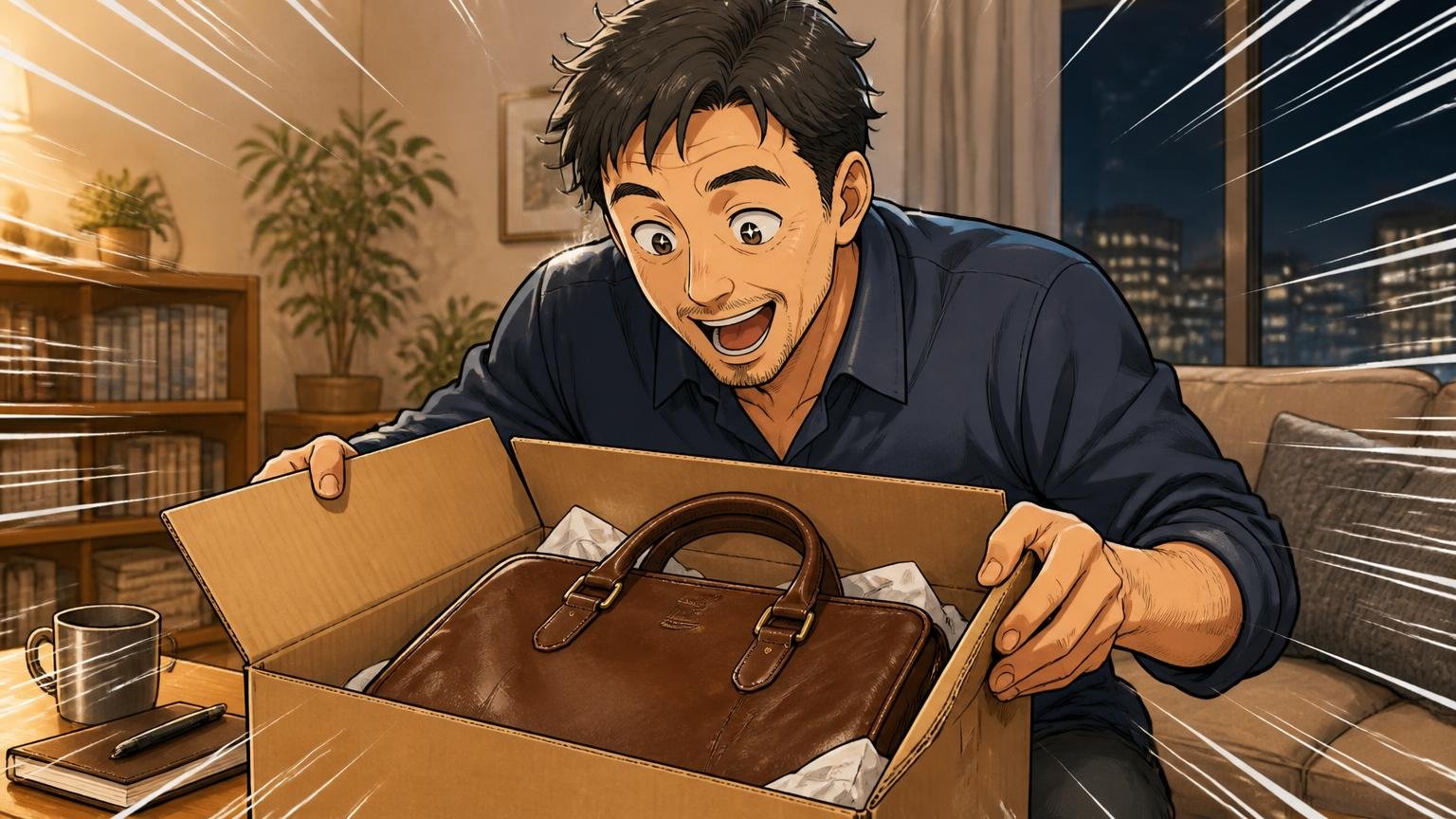 評判を調べ尽くした40代が最後に見比べたい、日本製の革バッグブランド3選、夜のリビングで40代男性1人が届いた革のバッグの箱を開けて目を輝かせる場面