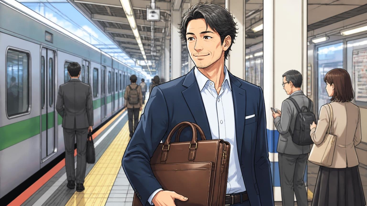 毎日持つ1本も"ちゃんとした日本製"で揃えたい人へ、40代向けの革バッグブランド3選 駅のホームで革のビジネスバッグを手に微笑む40代男性1人