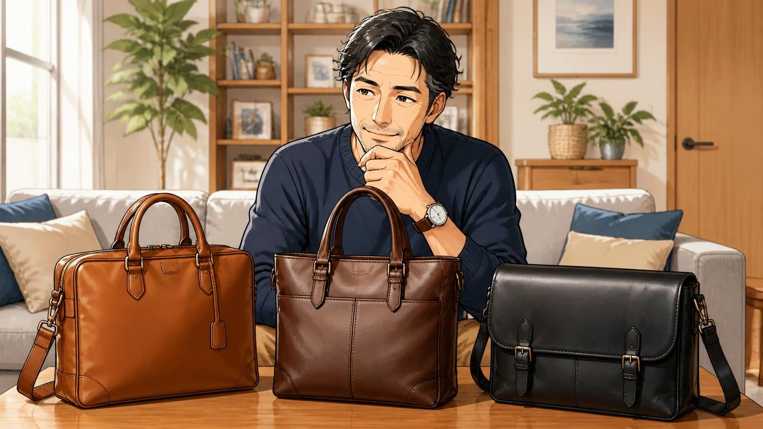 評判を調べ尽くした40代が最終候補に並べたい、日本製メンズ革バッグブランド3選、自宅のリビングで3つの革バッグを前に穏やかに微笑む40代男性1人