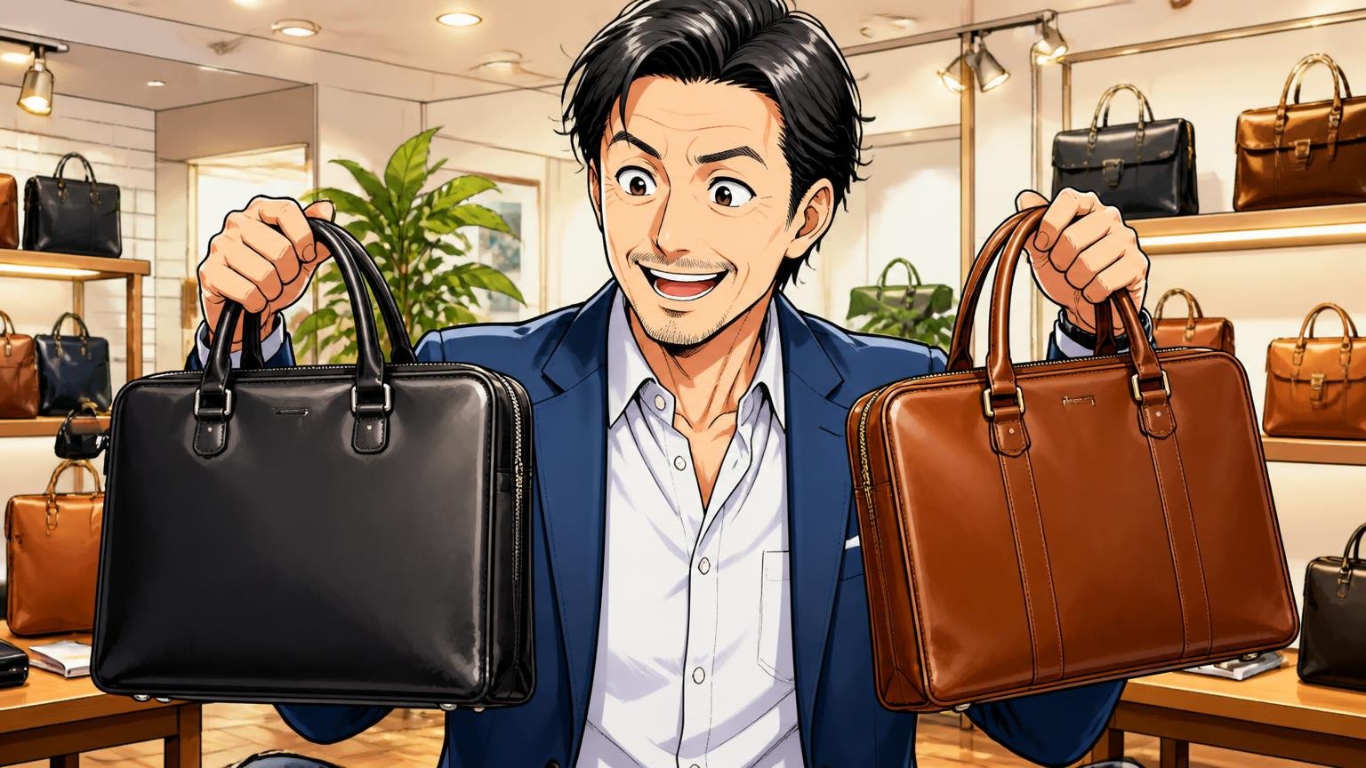 評判を調べ尽くした40代が最終候補に残したい、日本製メンズ革バッグブランド3選、ショールームで2つの革バッグを手に笑顔の40代男性1人