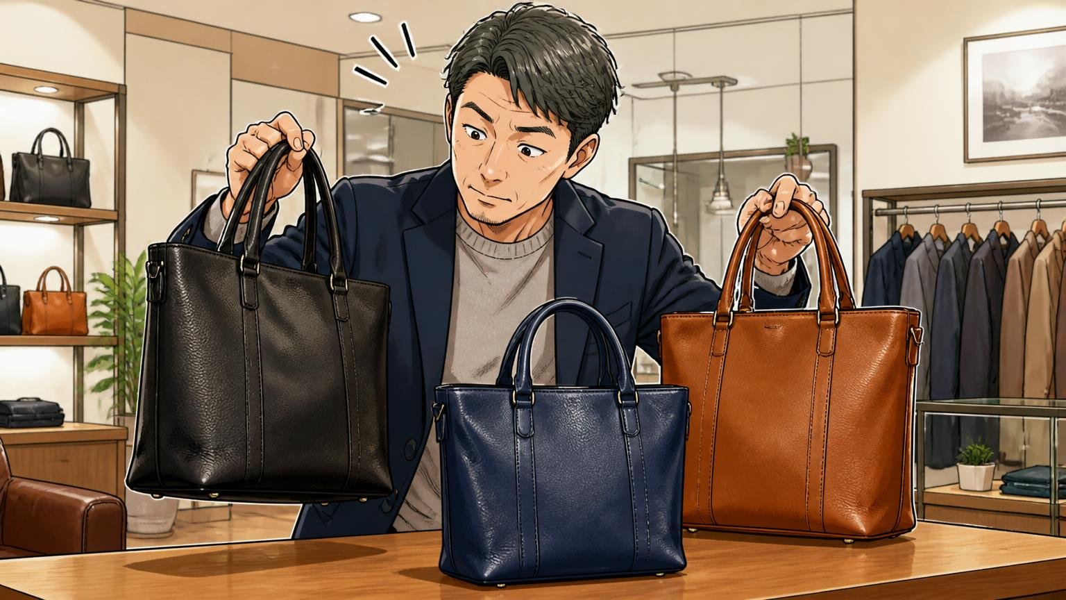 日本製で40代らしい落ち着いた1本と、トライオンを並べて比べたい人へ ショールームのテーブルに色違いの革バッグを3つ並べ、手に取って重さを比べる40代男性
