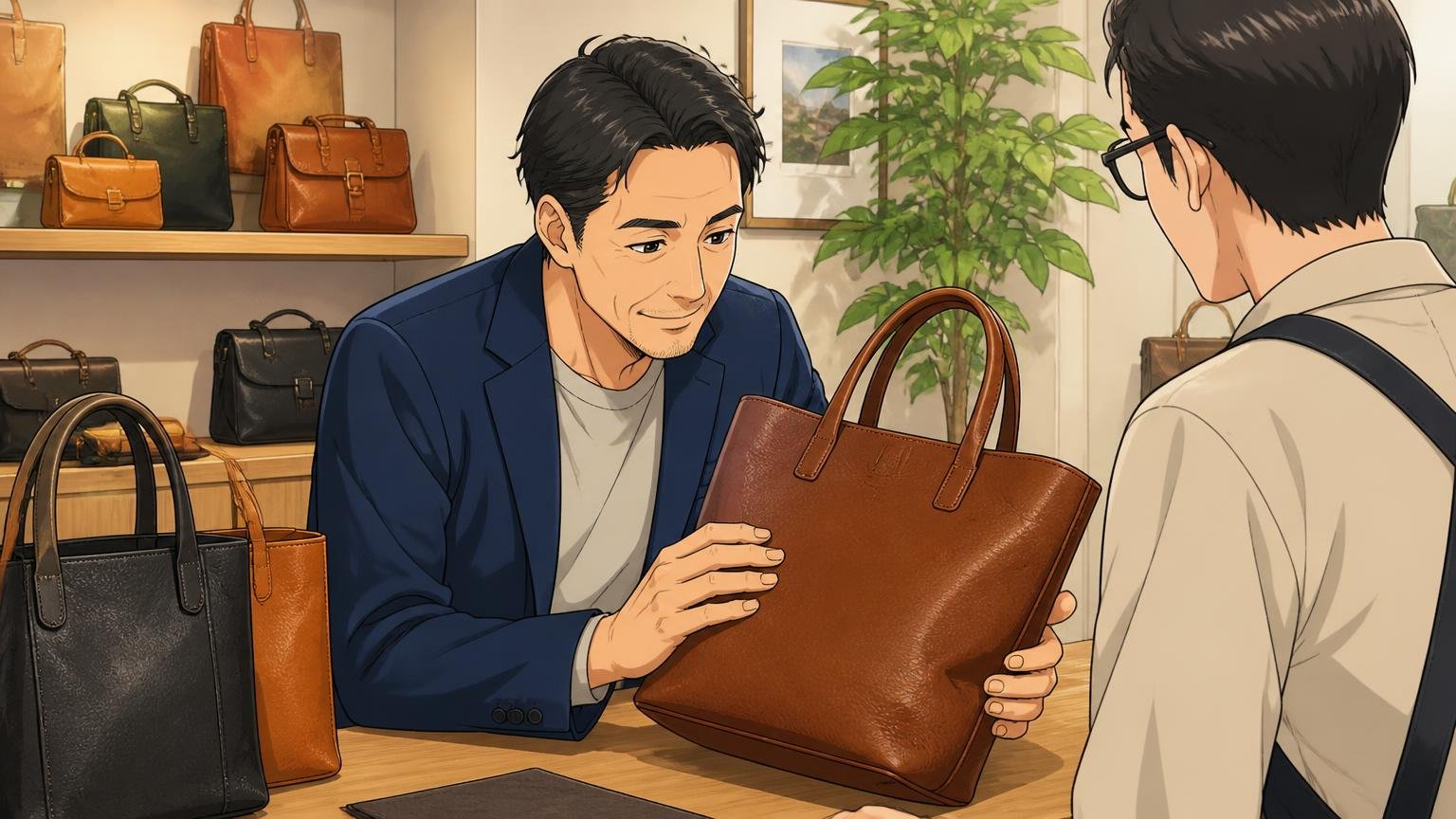 最後にもう一度、比較候補に入れておきたい日本製の革バッグブランド ショールームで店員と革の質感を確かめる40代男性1人 穏やかな笑顔