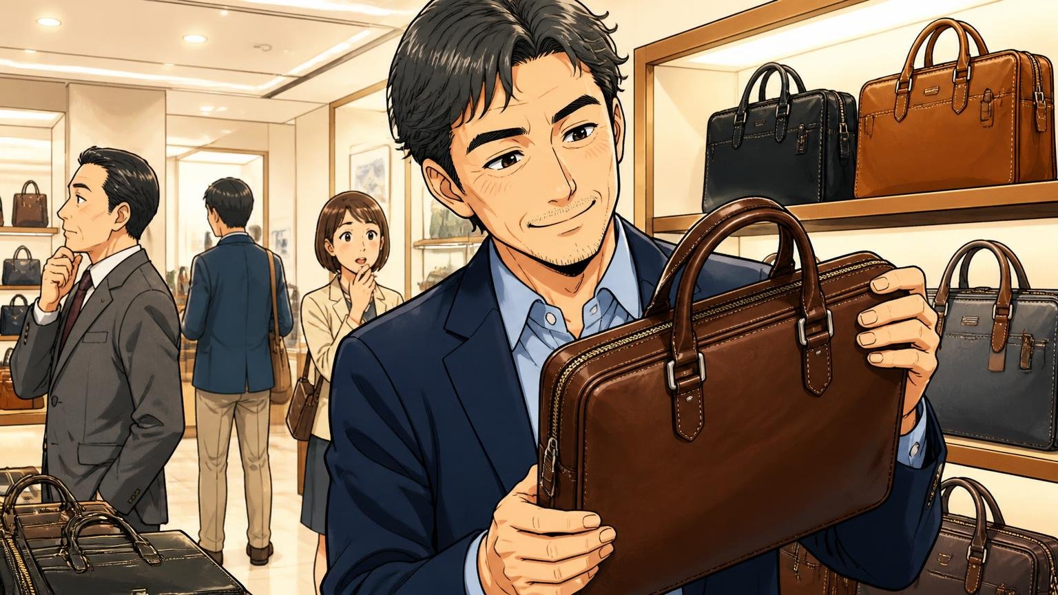 評判を調べ尽くした40代が、次の1本として見比べておきたい日本製の革バッグブランド3選 百貨店の鞄売り場で革のビジネスバッグを手に取り微笑む40代男性1人