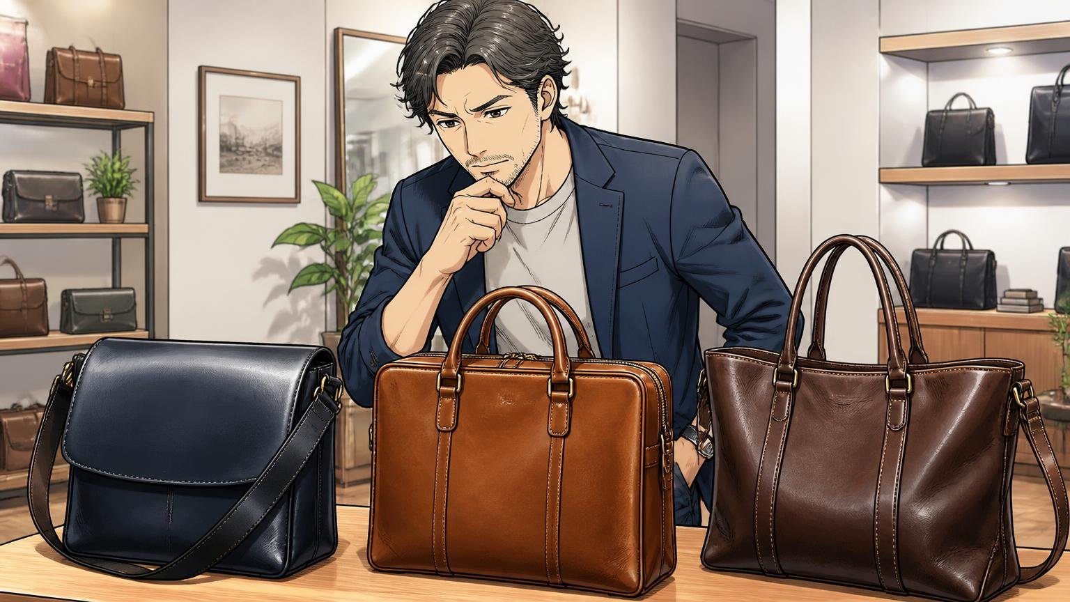 評判を調べ尽くした40代が最終候補に残す、日本製のメンズ革バッグブランド3選　ショールームで40代男性が3つの革バッグを並べて真剣に見比べる場面