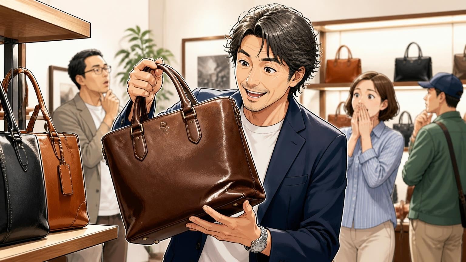 評判を調べ尽くした40代が最終候補に残したい、日本製メンズ革バッグブランド3選|ショールームで40代男性が革バッグを手に取り笑顔を見せる場面