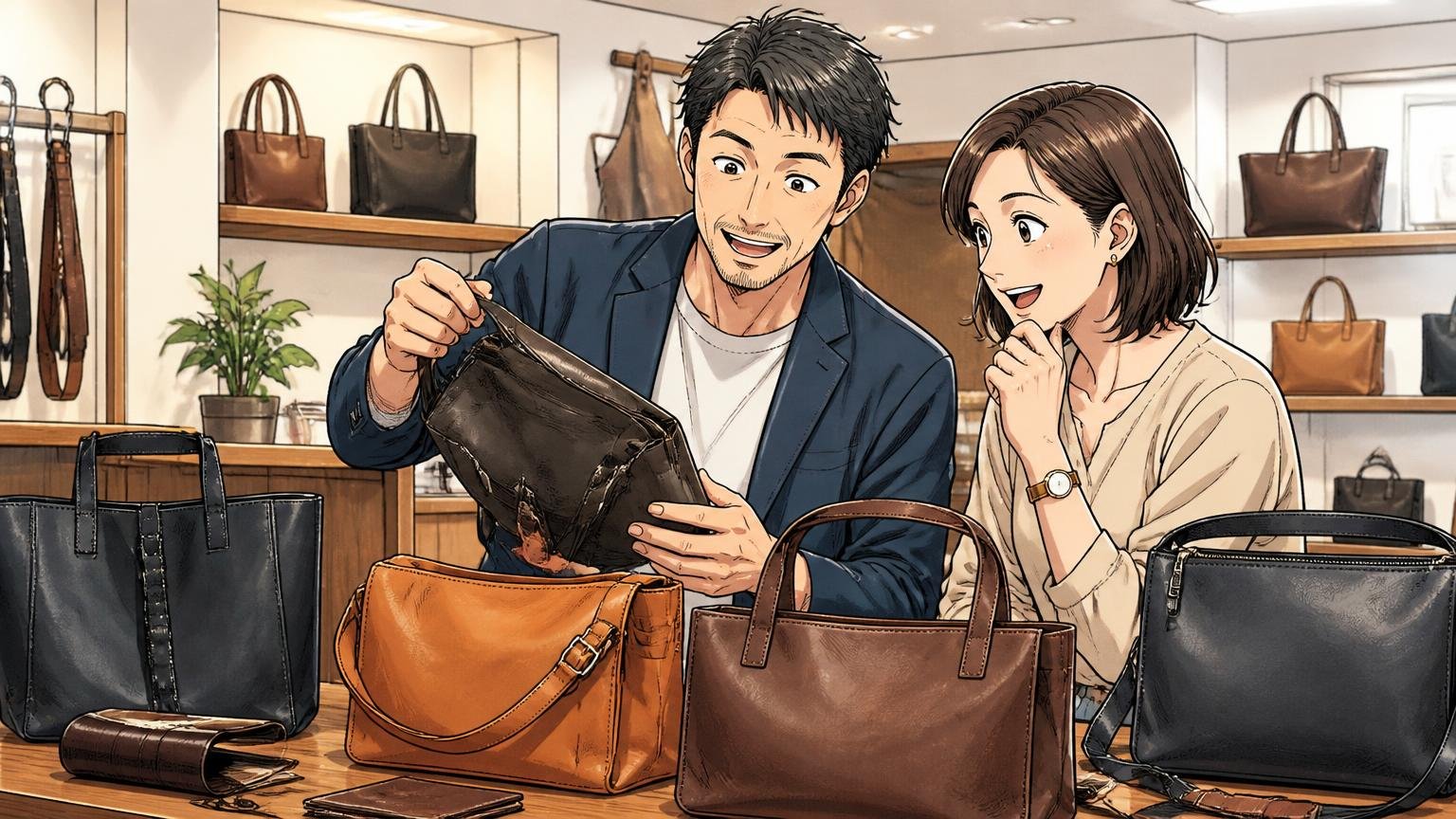 「ロゴを主張しない日本製」という軸は、そのまま持っていけばいい 革製品のショールームで複数のバッグを見比べる場面 40代男性1人と妻1人が楽しそうに相談する