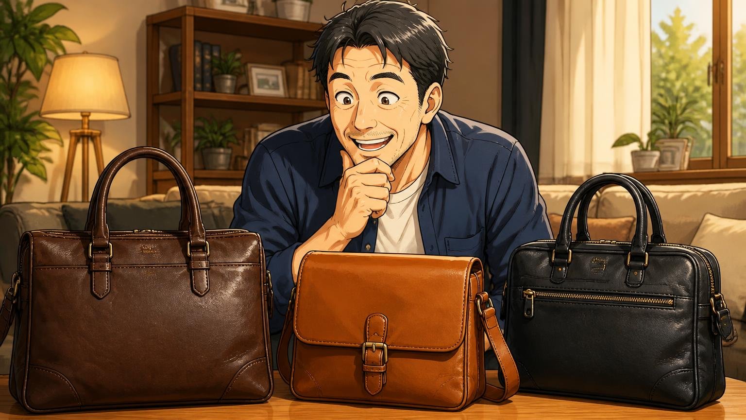 評判を比べて「長く付き合える1本」を選びたい40代へ、日本製の革バッグブランド3選、夕方の自宅で3本の革バッグを前に笑顔で選ぶ40代男性1人