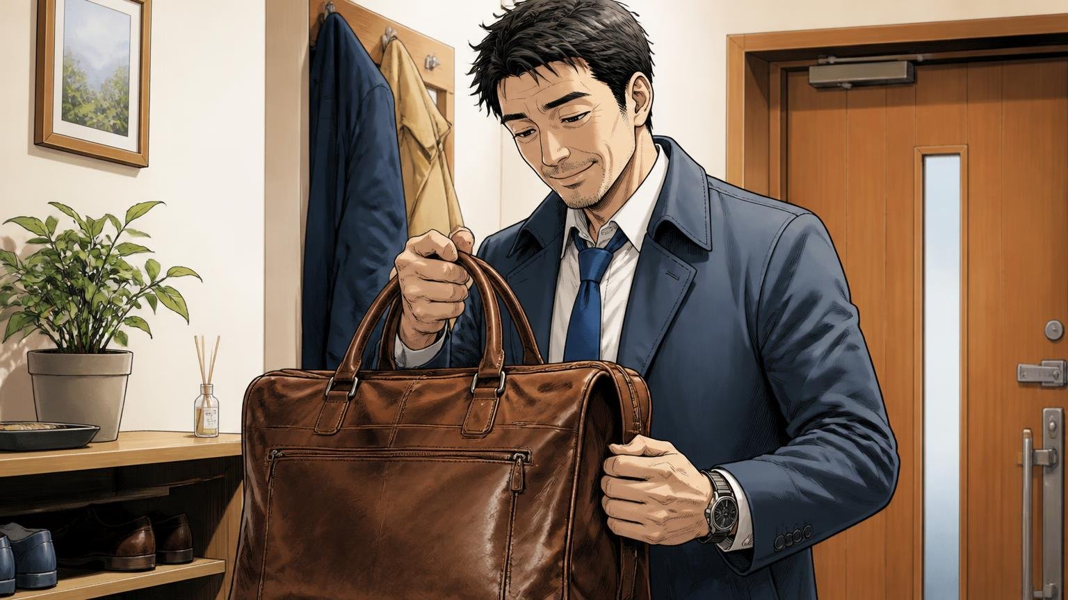 長く付き合える1本を探している40代 朝の玄関で使い込んだ本革のビジネスバッグを手に取る場面 40代男性1人が誇らしげに微笑む
