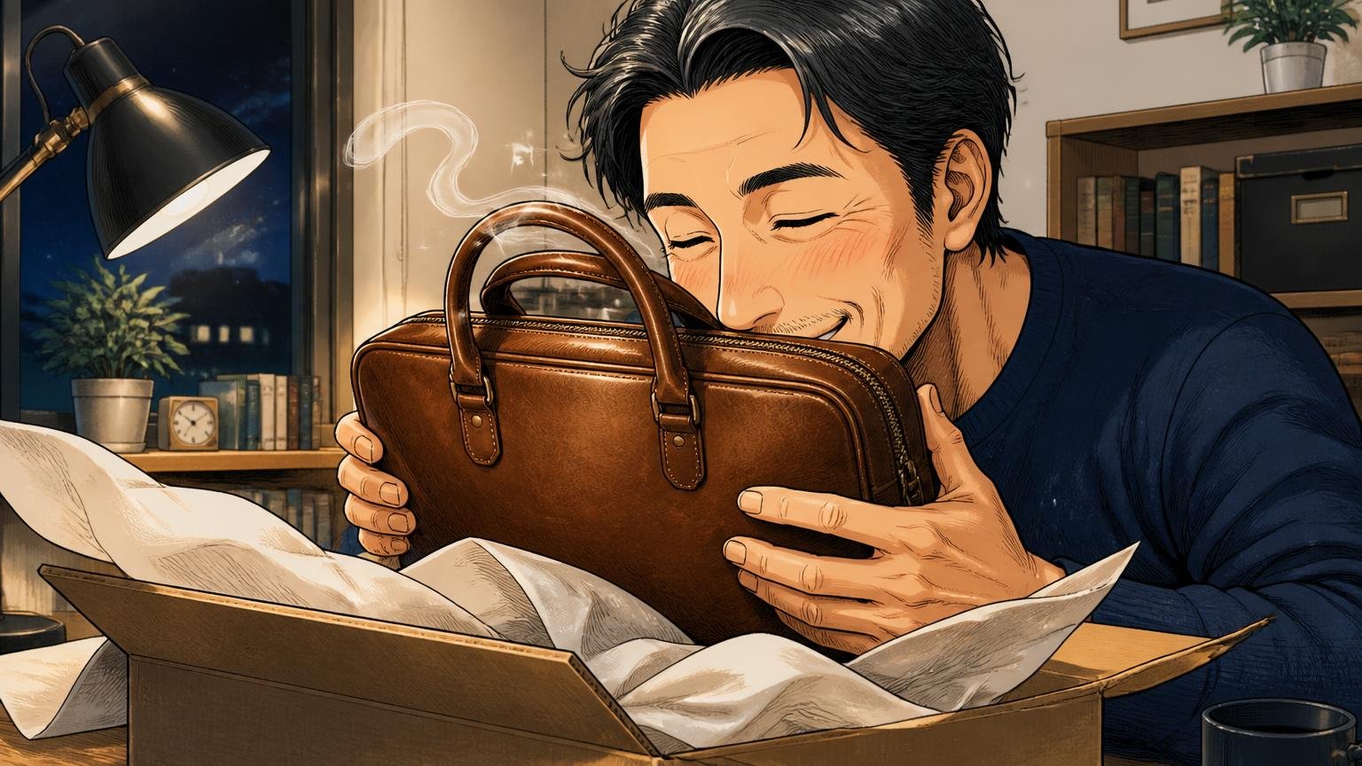 評判を調べ尽くした40代が最終候補に残したい、日本製の革バッグブランド、夜の自宅の机で届いた革の鞄の箱を開け、革の香りに思わず顔をほころばせる40代男性の場面