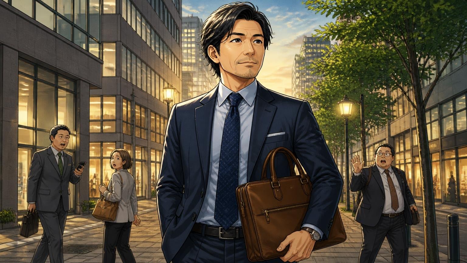 革の落ち着きで第一印象を整えたい40代へ｜日本製メンズ革バッグブランド3選、夕方のオフィス街で革のバッグを持つ40代男性1人が胸を張って歩く場面