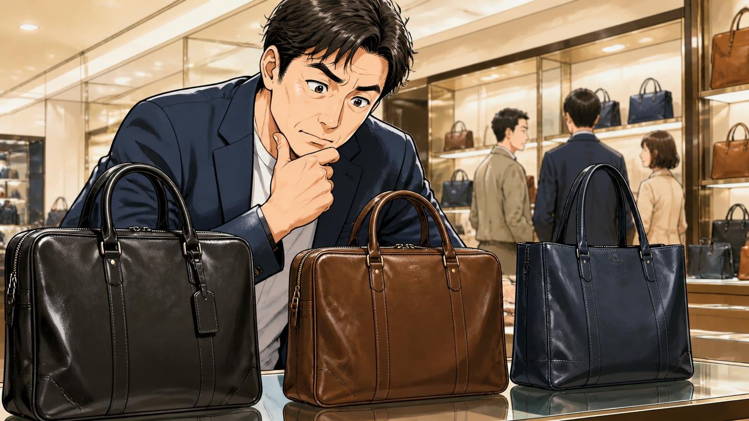 評判を調べ尽くした40代が最終候補に残した、日本製メンズ革バッグブランド3選。百貨店の鞄売り場で3つの革バッグを並べて見比べる40代男性1人の場面