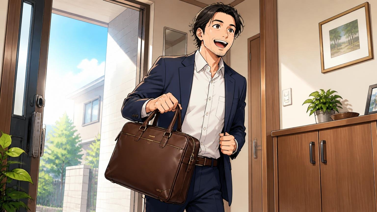 評判を調べ尽くした40代が最終候補に残したい日本製メンズ革バッグ3選。朝の玄関で40代男性が新しい革バッグを手に晴れやかに出勤する場面
