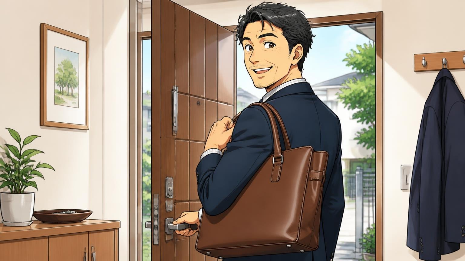 評判を調べ尽くした40代が最終候補に残したい、日本製メンズ革バッグブランド3選朝の玄関で本革のバッグを手に出勤する40代男性1人が笑う場面
