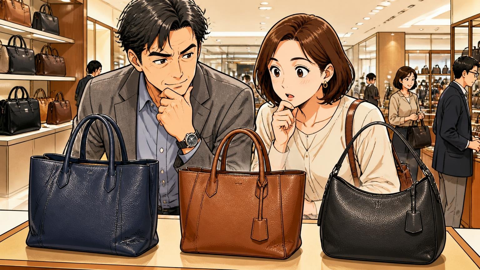 最終候補に残したい日本製ブランド 百貨店の革製品売り場で3つの革バッグを並べて選ぶ40代夫婦2人
