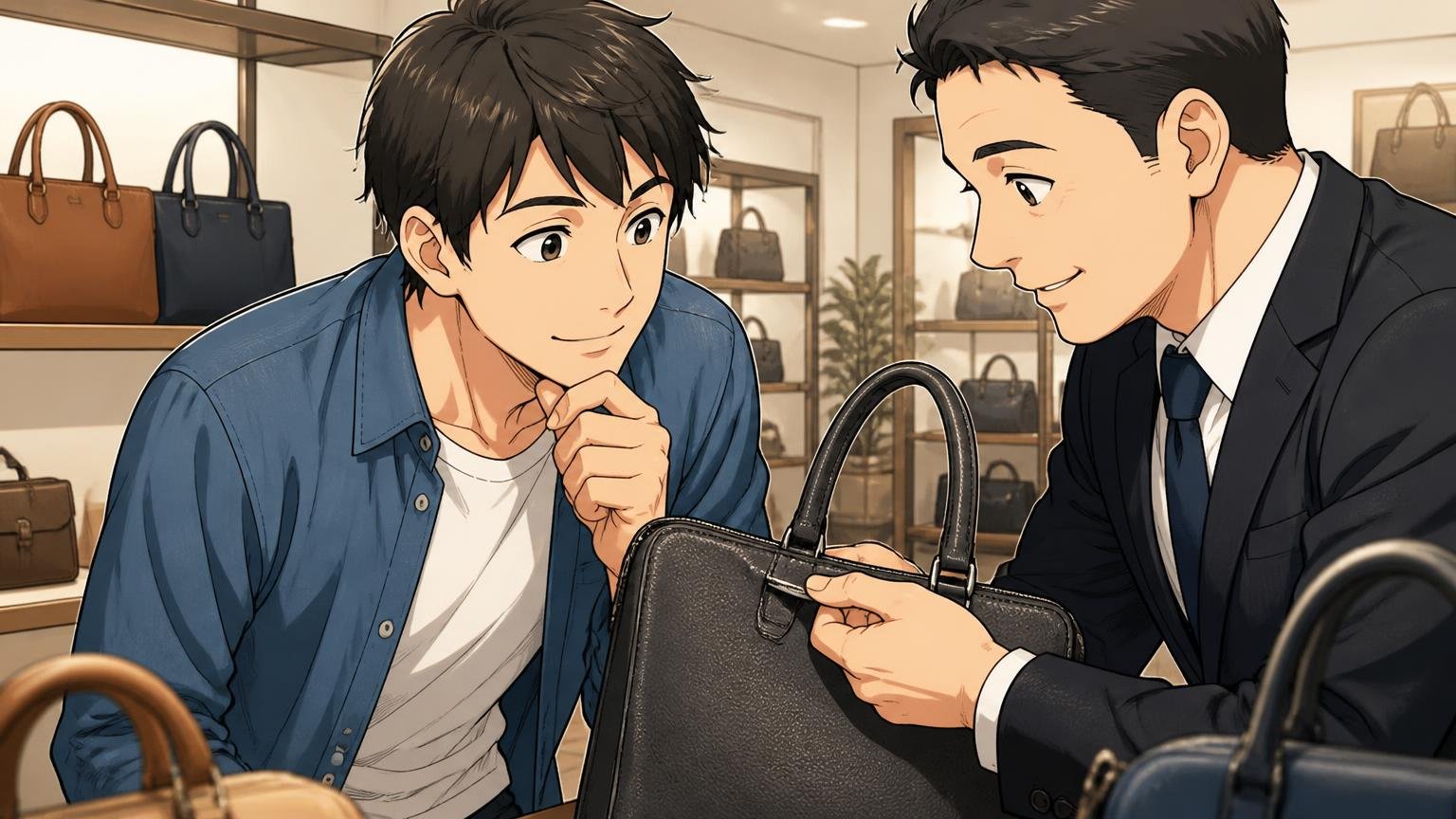 後悔しないために、購入前に確認したい4つのステップ。ショールームで店員と一緒にバッグの縫い目を確かめうなずく男性1人