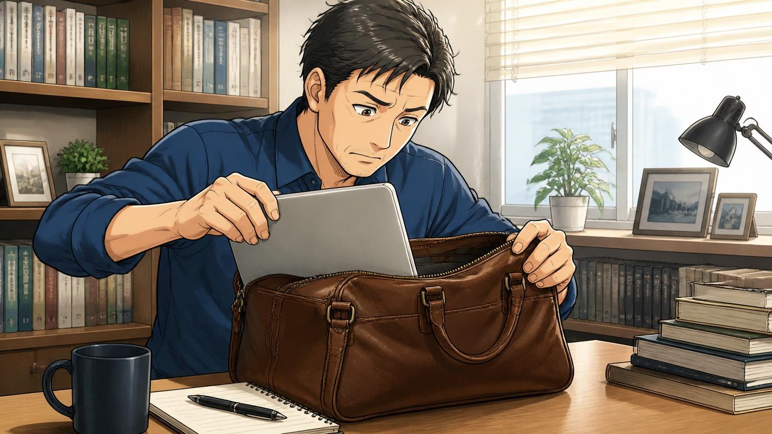 PCが入るか・重すぎないか、用途から逆算する 書斎の机でノートパソコンを革バッグに入れてサイズを確かめる40代男性の場面、1人